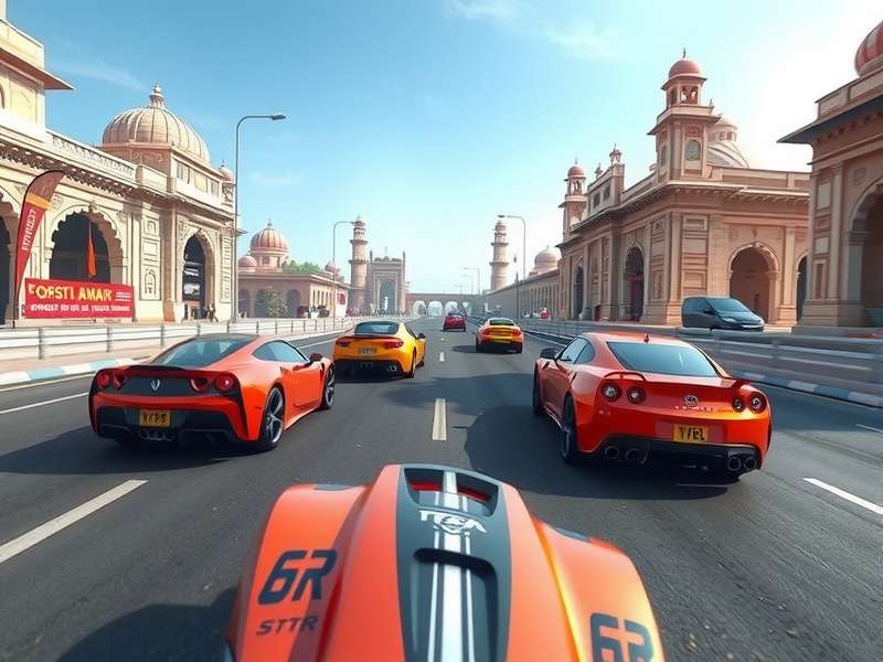 Inundation Race King gameplay screenshot showing racing cars on Indian streets